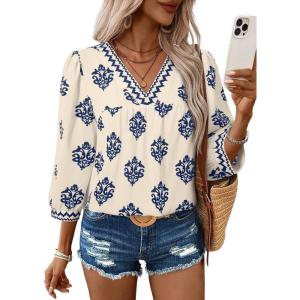image:imageSHEWIN Womens Casual V Neck Floral Print Chiffon Blouses 34 Sleeve Boho Summer Tops ShirtsLight Blue