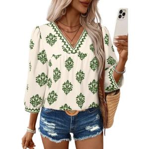 image:imageSHEWIN Womens Casual V Neck Floral Print Chiffon Blouses 34 Sleeve Boho Summer Tops ShirtsLight Green