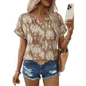 image:imageSHEWIN Womens Casual V Neck Floral Print Chiffon Blouses 34 Sleeve Boho Summer Tops ShirtsY Khaki