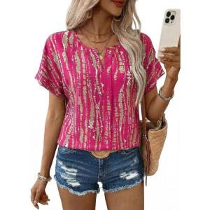 image:imageSHEWIN Womens Casual V Neck Floral Print Chiffon Blouses 34 Sleeve Boho Summer Tops ShirtsY Rose