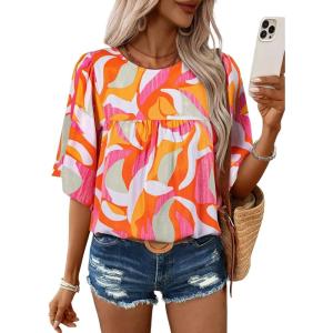 image:imageSHEWIN Womens Casual V Neck Floral Print Chiffon Blouses 34 Sleeve Boho Summer Tops ShirtsZ Orange