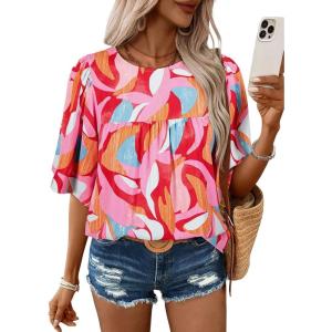 image:imageSHEWIN Womens Casual V Neck Floral Print Chiffon Blouses 34 Sleeve Boho Summer Tops ShirtsZ Pink