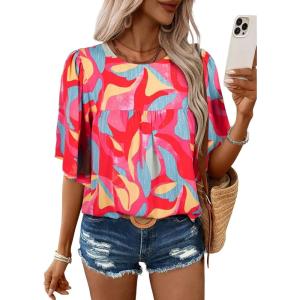 image:imageSHEWIN Womens Casual V Neck Floral Print Chiffon Blouses 34 Sleeve Boho Summer Tops ShirtsZ Red