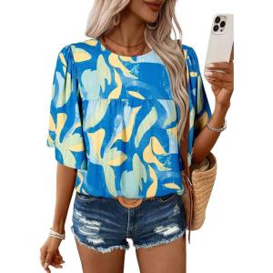 image:imageSHEWIN Womens Casual V Neck Floral Print Chiffon Blouses 34 Sleeve Boho Summer Tops ShirtsZ Sky Blue