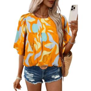 image:imageSHEWIN Womens Casual V Neck Floral Print Chiffon Blouses 34 Sleeve Boho Summer Tops ShirtsZ Yellow