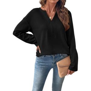 image:imageSHEWIN Womens Casual V Neck Sweatshirt Long Sleeve Lightweight Drop Shoulder Solid Pullover TopsBlack