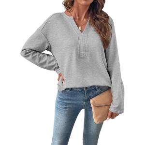 image:imageSHEWIN Womens Casual V Neck Sweatshirt Long Sleeve Lightweight Drop Shoulder Solid Pullover TopsGray