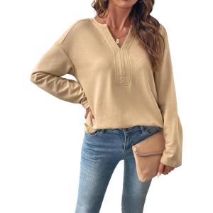 image:imageSHEWIN Womens Casual V Neck Sweatshirt Long Sleeve Lightweight Drop Shoulder Solid Pullover TopsKhaki