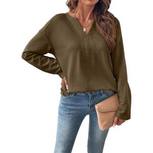 image:imageSHEWIN Womens Casual V Neck Sweatshirt Long Sleeve Lightweight Drop Shoulder Solid Pullover TopsSeagrass