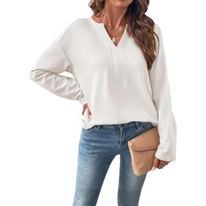 image:imageSHEWIN Womens Casual V Neck Sweatshirt Long Sleeve Lightweight Drop Shoulder Solid Pullover TopsWhite