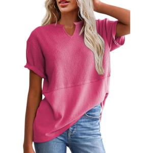 image:imageSHEWIN Womens Casual V Neck Waffle Knit Tops Short Sleeve T Shirts Loose BlousesA Hot Pink