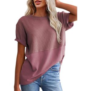image:imageSHEWIN Womens Casual V Neck Waffle Knit Tops Short Sleeve T Shirts Loose BlousesD Purple