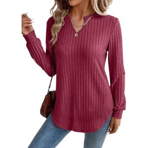 image:imageSHEWIN Womens Fall Fashion 2025 Casual Long Sleeve V Neck Tops Shirts SweatersCoral