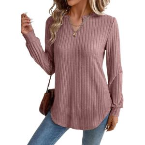 image:imageSHEWIN Womens Fall Fashion 2025 Casual Long Sleeve V Neck Tops Shirts SweatersFushia