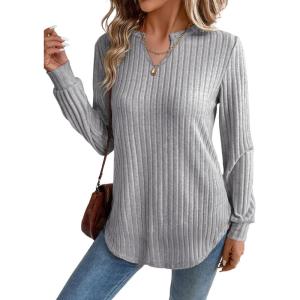 image:imageSHEWIN Womens Fall Fashion 2025 Casual Long Sleeve V Neck Tops Shirts SweatersGray