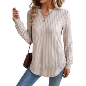 image:imageSHEWIN Womens Fall Fashion 2025 Casual Long Sleeve V Neck Tops Shirts SweatersKhaki