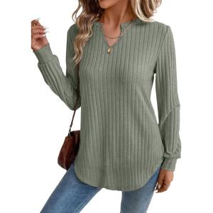 image:imageSHEWIN Womens Fall Fashion 2025 Casual Long Sleeve V Neck Tops Shirts SweatersLight Green
