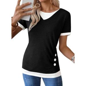image:imageSHEWIN Womens Mock Layered Tops Casual Crewneck Short Sleeve Shirts Contrast Basic TeesBlack