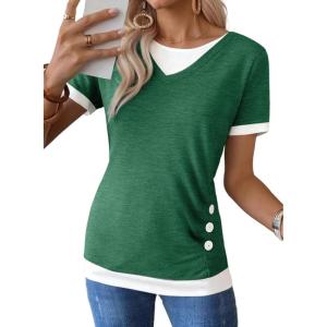 image:imageSHEWIN Womens Mock Layered Tops Casual Crewneck Short Sleeve Shirts Contrast Basic TeesGreen