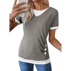 image:imageSHEWIN Womens Mock Layered Tops Casual Crewneck Short Sleeve Shirts Contrast Basic TeesGrey