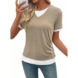 image:imageSHEWIN Womens Mock Layered Tops Casual Crewneck Short Sleeve Shirts Contrast Basic TeesLight Brown