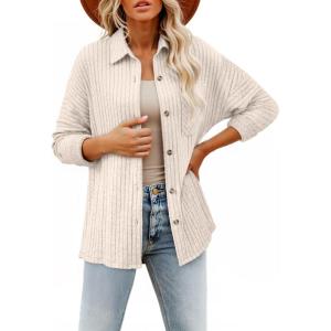 image:imageSHEWIN Womens Ribbed Knit Shacket Jacket Casual Long Sleeve Button Down Shirts Loose Sweater Tops Dressy Blouses with PocketBeige