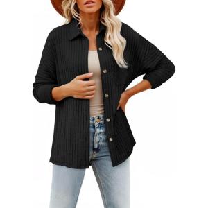 image:imageSHEWIN Womens Ribbed Knit Shacket Jacket Casual Long Sleeve Button Down Shirts Loose Sweater Tops Dressy Blouses with PocketBlack