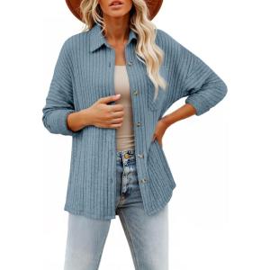 image:imageSHEWIN Womens Ribbed Knit Shacket Jacket Casual Long Sleeve Button Down Shirts Loose Sweater Tops Dressy Blouses with PocketDusk Blue