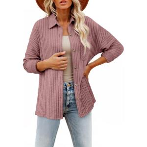 image:imageSHEWIN Womens Ribbed Knit Shacket Jacket Casual Long Sleeve Button Down Shirts Loose Sweater Tops Dressy Blouses with PocketFushia
