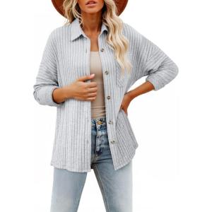 image:imageSHEWIN Womens Ribbed Knit Shacket Jacket Casual Long Sleeve Button Down Shirts Loose Sweater Tops Dressy Blouses with PocketLight Grey