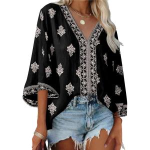 image:imageSHEWIN Womens Summer Tops Casual Floral Print Deep V Neck 34 Sleeve Blouses Dressy Boho Vacation Tunic TopsBlack