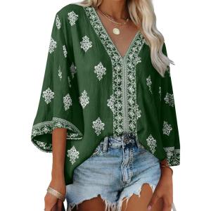 image:imageSHEWIN Womens Summer Tops Casual Floral Print Deep V Neck 34 Sleeve Blouses Dressy Boho Vacation Tunic TopsBlackish Green