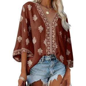 image:imageSHEWIN Womens Summer Tops Casual Floral Print Deep V Neck 34 Sleeve Blouses Dressy Boho Vacation Tunic TopsBrown