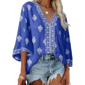 image:imageSHEWIN Womens Summer Tops Casual Floral Print Deep V Neck 34 Sleeve Blouses Dressy Boho Vacation Tunic TopsDark Blue