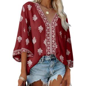 image:imageSHEWIN Womens Summer Tops Casual Floral Print Deep V Neck 34 Sleeve Blouses Dressy Boho Vacation Tunic TopsDark Red