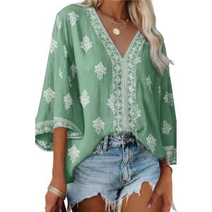 image:imageSHEWIN Womens Summer Tops Casual Floral Print Deep V Neck 34 Sleeve Blouses Dressy Boho Vacation Tunic TopsLight Green