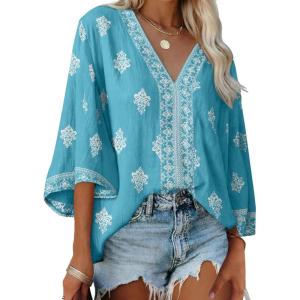 image:imageSHEWIN Womens Summer Tops Casual Floral Print Deep V Neck 34 Sleeve Blouses Dressy Boho Vacation Tunic TopsMist Blue