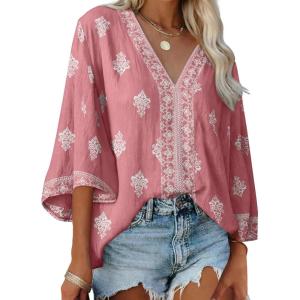 image:imageSHEWIN Womens Summer Tops Casual Floral Print Deep V Neck 34 Sleeve Blouses Dressy Boho Vacation Tunic TopsPink