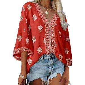 image:imageSHEWIN Womens Summer Tops Casual Floral Print Deep V Neck 34 Sleeve Blouses Dressy Boho Vacation Tunic TopsRed
