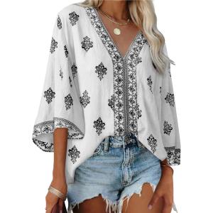 image:imageSHEWIN Womens Summer Tops Casual Floral Print Deep V Neck 34 Sleeve Blouses Dressy Boho Vacation Tunic TopsWhite