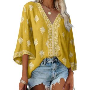 image:imageSHEWIN Womens Summer Tops Casual Floral Print Deep V Neck 34 Sleeve Blouses Dressy Boho Vacation Tunic TopsYellow