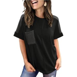 image:imageSHEWIN Womens Summer Tops Short Sleeve TShirts Crew Neck Casual Solid Basic Tees 2026 ClothesA Black