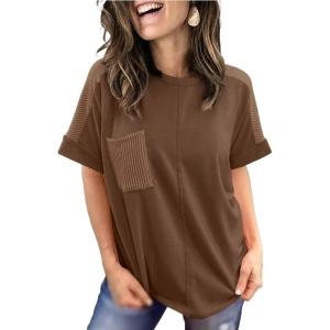 image:imageSHEWIN Womens Summer Tops Short Sleeve TShirts Crew Neck Casual Solid Basic Tees 2026 ClothesA Brown
