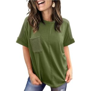 image:imageSHEWIN Womens Summer Tops Short Sleeve TShirts Crew Neck Casual Solid Basic Tees 2026 ClothesA Green