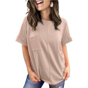 image:imageSHEWIN Womens Summer Tops Short Sleeve TShirts Crew Neck Casual Solid Basic Tees 2026 ClothesA Khaki