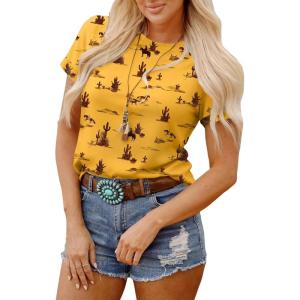 image:imageSHEWIN Womens Summer Tops Short Sleeve TShirts Western Graphic Crew Neck Casual Cute Tees 2026 ClothesA Yellow