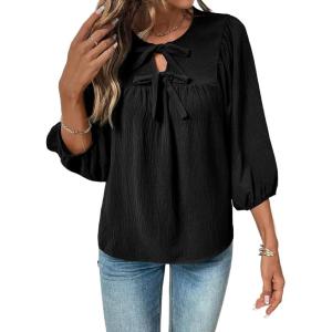 image:imageSHEWIN Womens Tops 34 Sleeves Blouse Babydoll Dressy Casual Top Elegant Bow Tie Loose Ladies Shirts 2026A Black