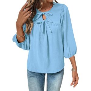 image:imageSHEWIN Womens Tops 34 Sleeves Blouse Babydoll Dressy Casual Top Elegant Bow Tie Loose Ladies Shirts 2026A Blue