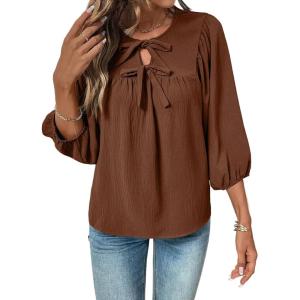 image:imageSHEWIN Womens Tops 34 Sleeves Blouse Babydoll Dressy Casual Top Elegant Bow Tie Loose Ladies Shirts 2026A Brown
