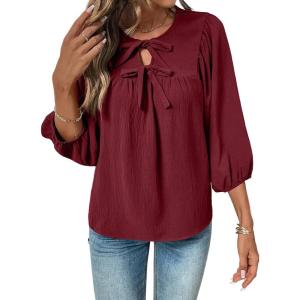 image:imageSHEWIN Womens Tops 34 Sleeves Blouse Babydoll Dressy Casual Top Elegant Bow Tie Loose Ladies Shirts 2026A Burgundy